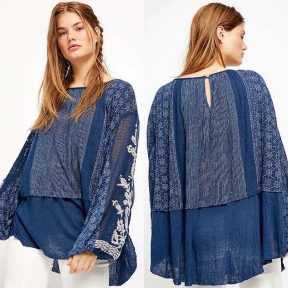 Free People Blue Indigo Dreams Embroidered Tunic Dress Top NWT - Picture 4 of 10